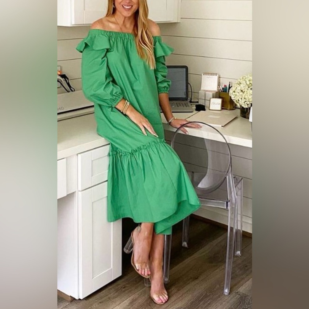 Who What Wear Balloon Off Shoulder Sleeve Kelly Green Midi Dress Pockets